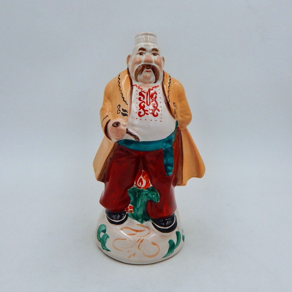 Russian Ukrainian Cossack Man Liquor Empty Decanter Bottle Ceramic Painted Pipe